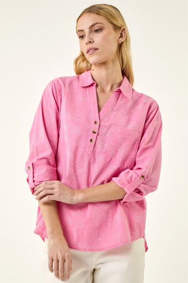Roman Pink Floral Print Collar V-Neck Shirt