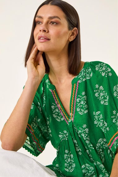 Roman Green Floral Ric Rac Frill Hem Top