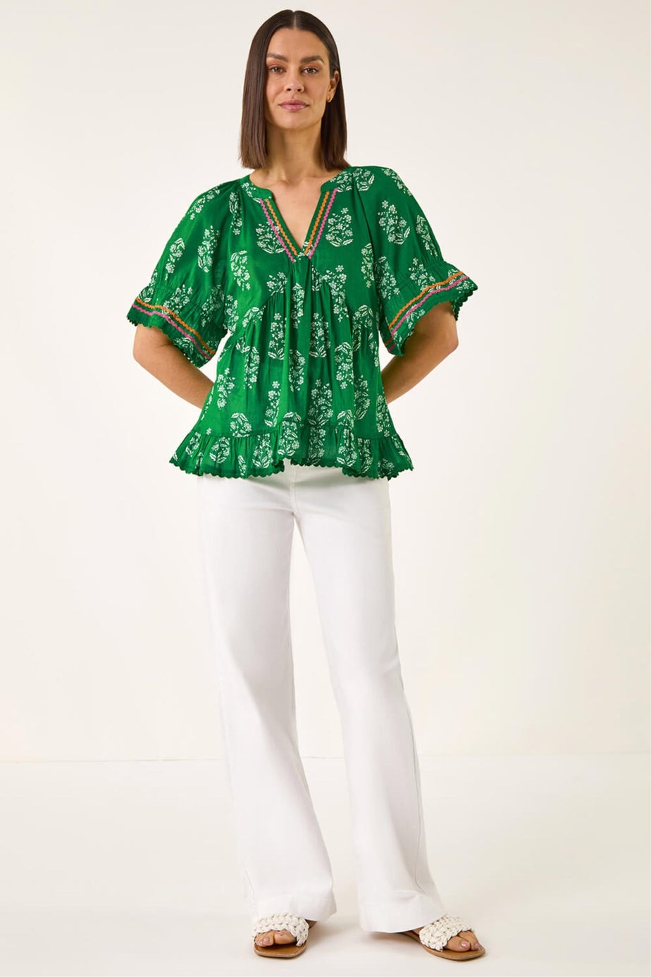 Roman Green Floral Ric Rac Frill Hem Top