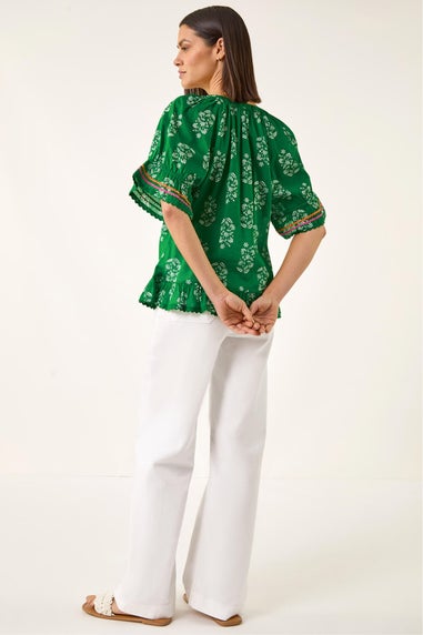 Roman Green Floral Ric Rac Frill Hem Top