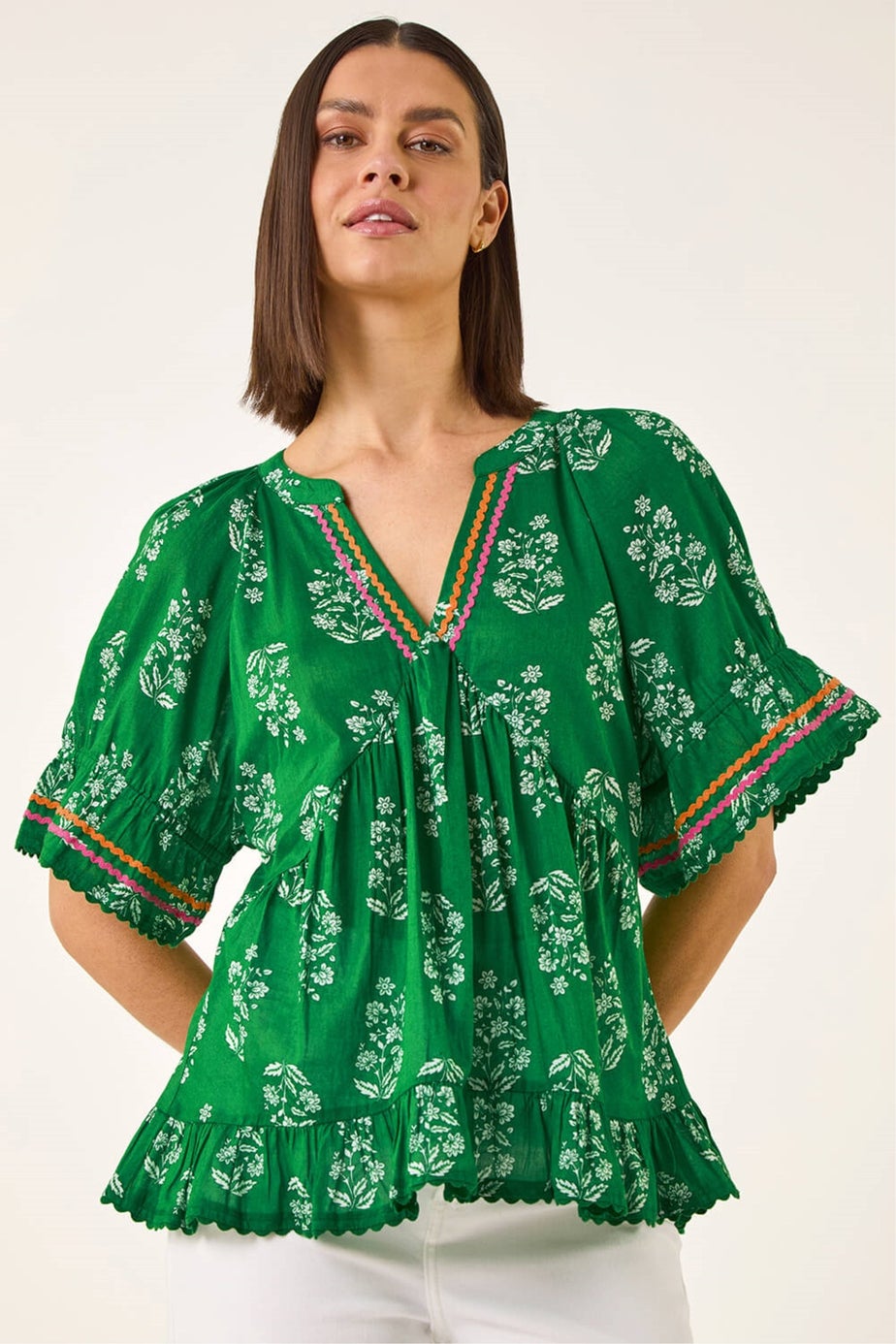 Roman Green Floral Ric Rac Frill Hem Top