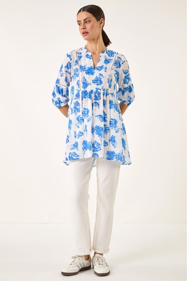 Roman Blue Floral Print Tunic Top