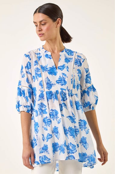 Roman Blue Floral Print Tunic Top