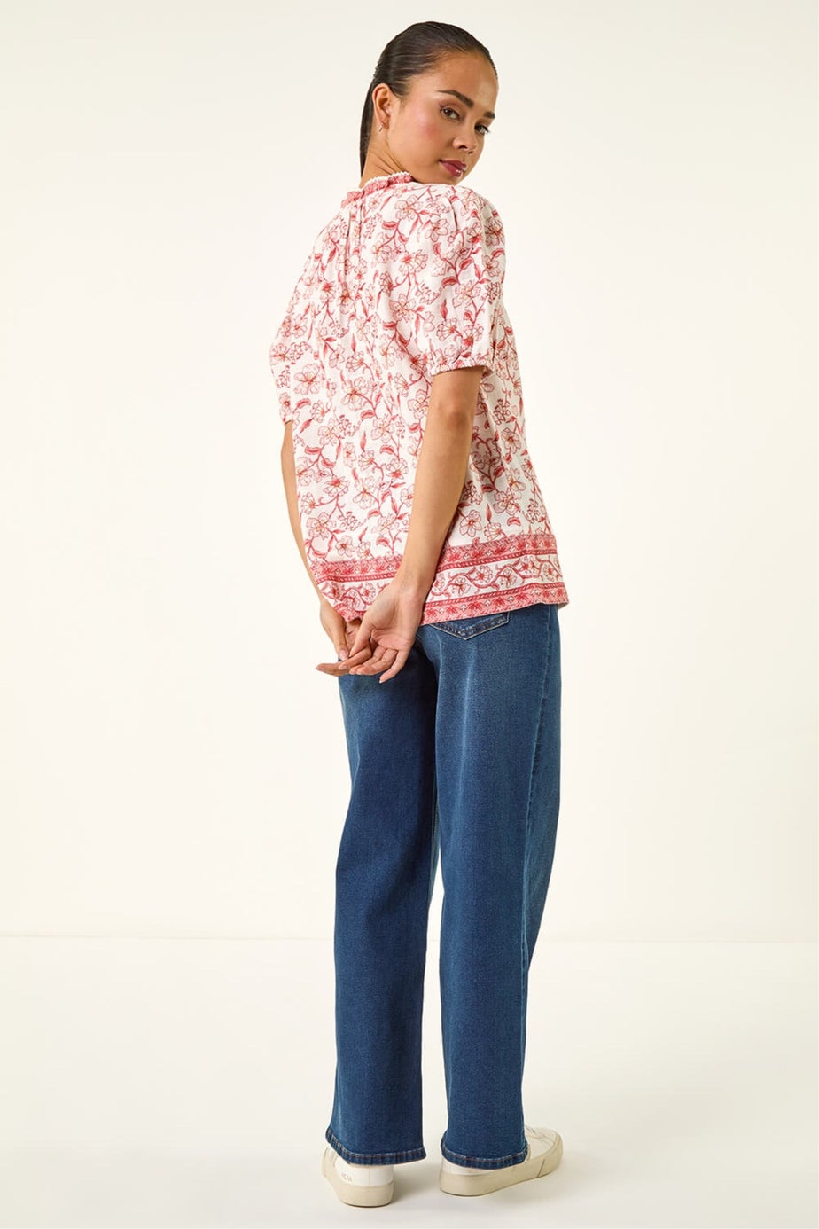 Roman Coral Petite Floral Border V-Neck Top