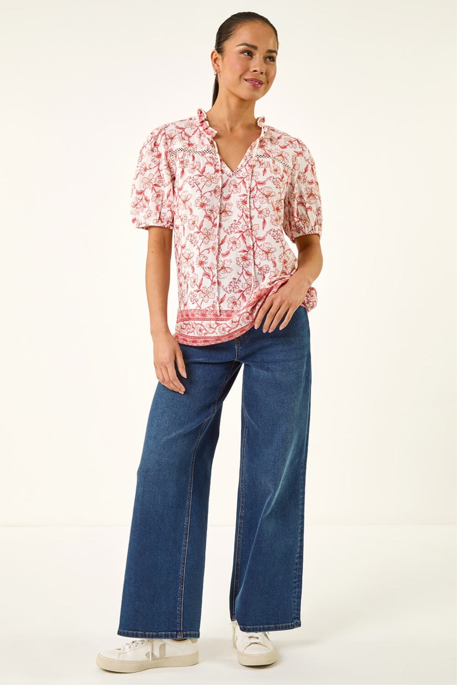 Roman Coral Petite Floral Border V-Neck Top