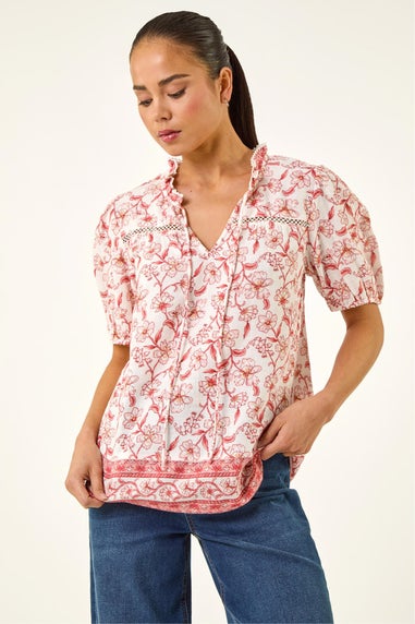 Roman Coral Petite Floral Border V-Neck Top