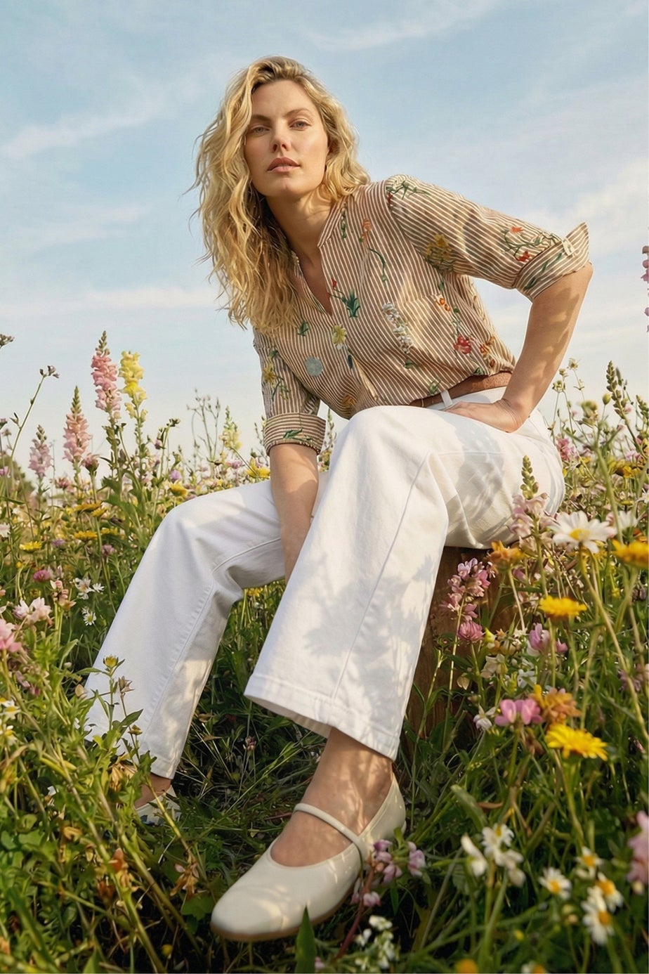 Roman Taupe Floral Stripe Pleated Top