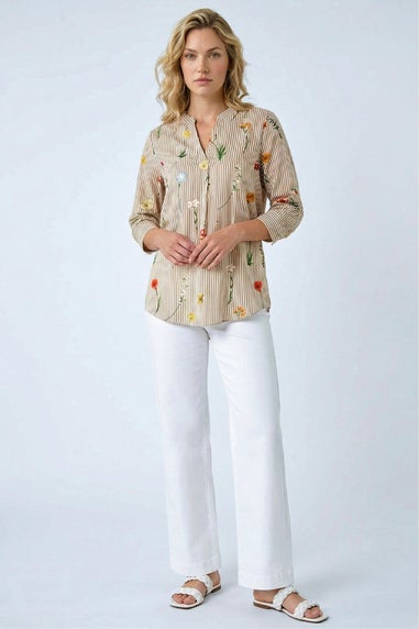 Roman Taupe Floral Stripe Pleated Top