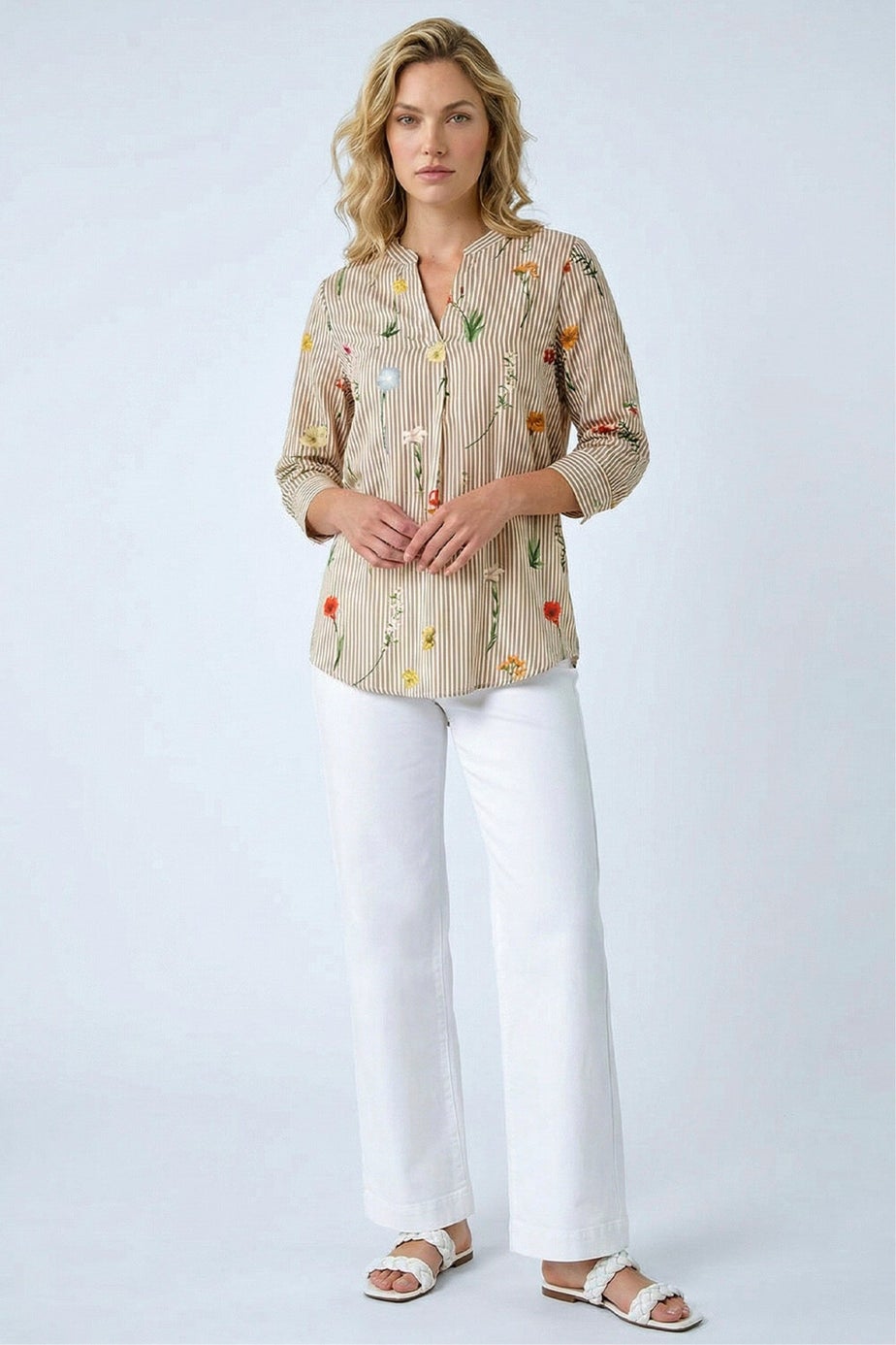 Roman Taupe Floral Stripe Pleated Top