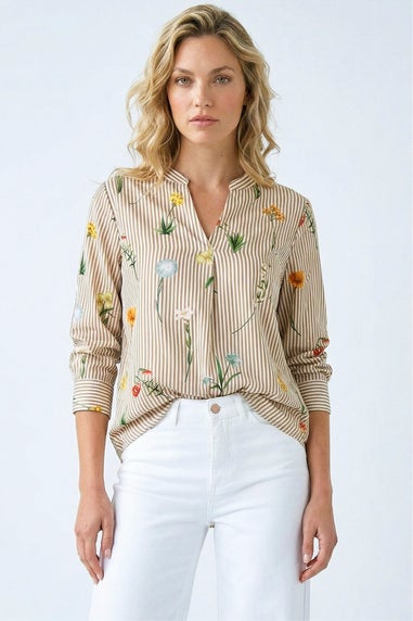 Roman Taupe Floral Stripe Pleated Top
