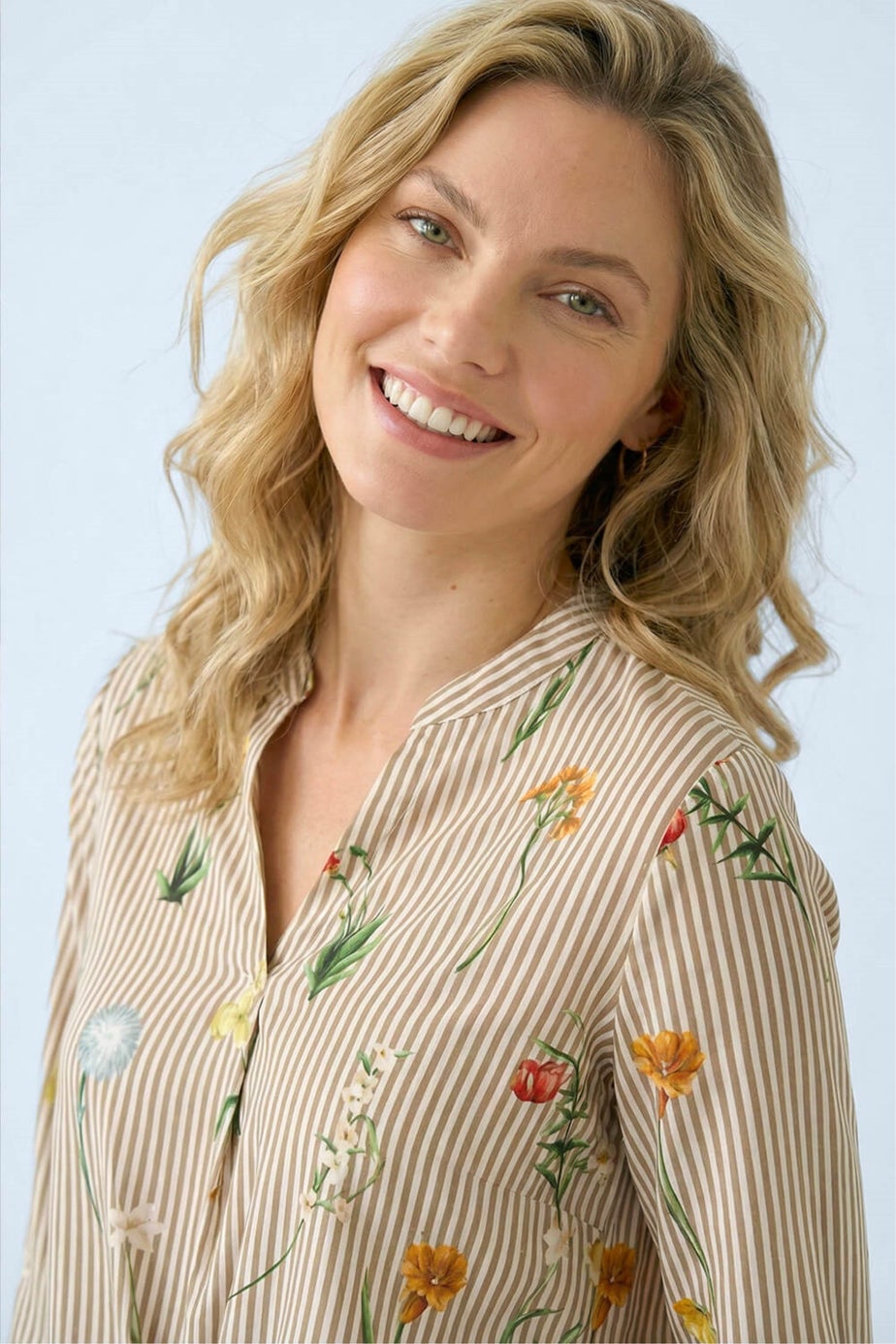 Roman Taupe Floral Stripe Pleated Top