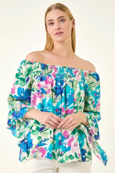 Roman Blue Floral Print Bardot Top