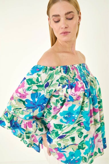 Roman Blue Floral Print Bardot Top