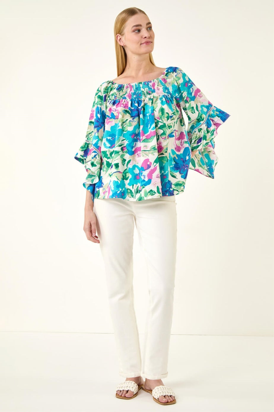Roman Blue Floral Print Bardot Top