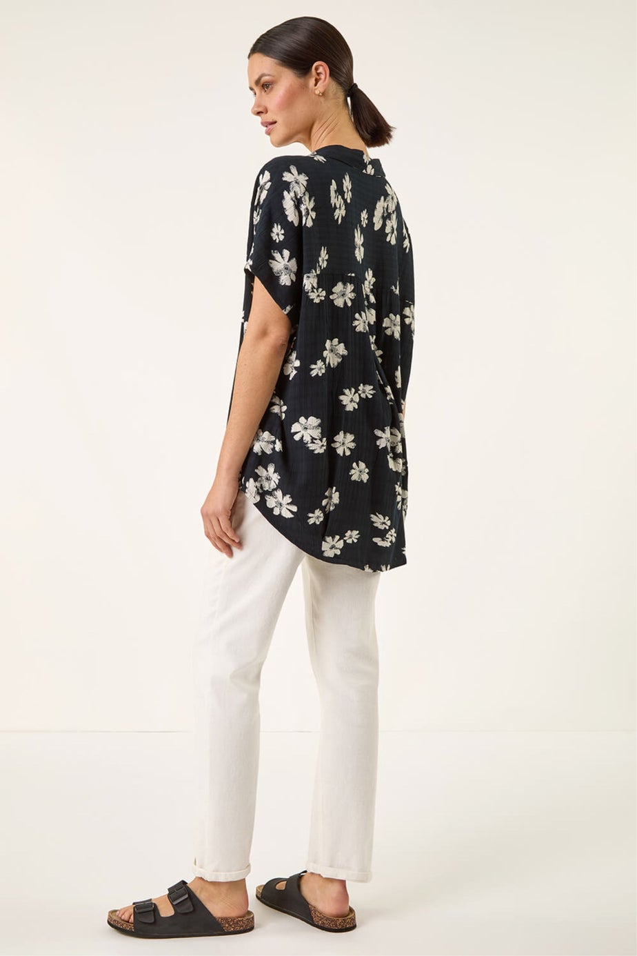 Roman Black Floral Print Pleat Tunic Top