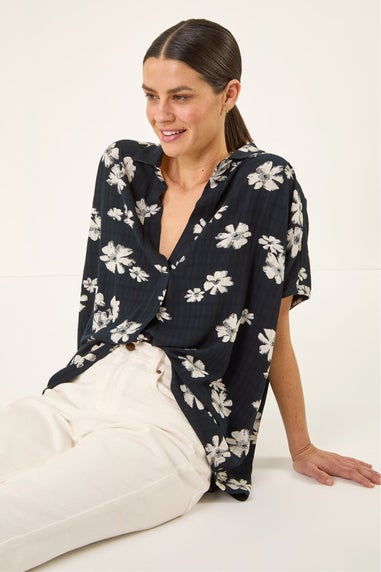 Roman Black Floral Print Pleat Tunic Top