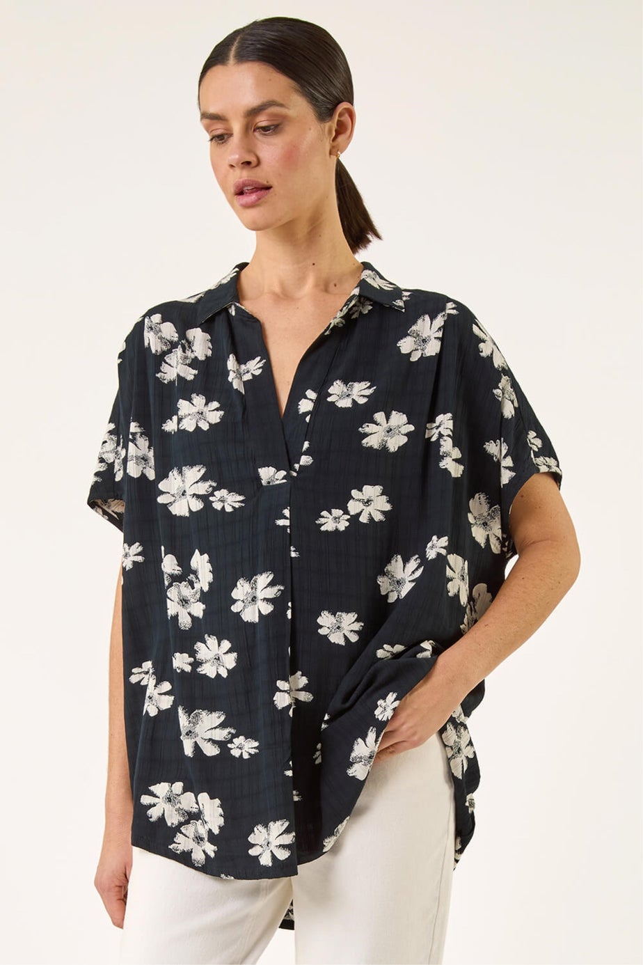 Roman Black Floral Print Pleat Tunic Top