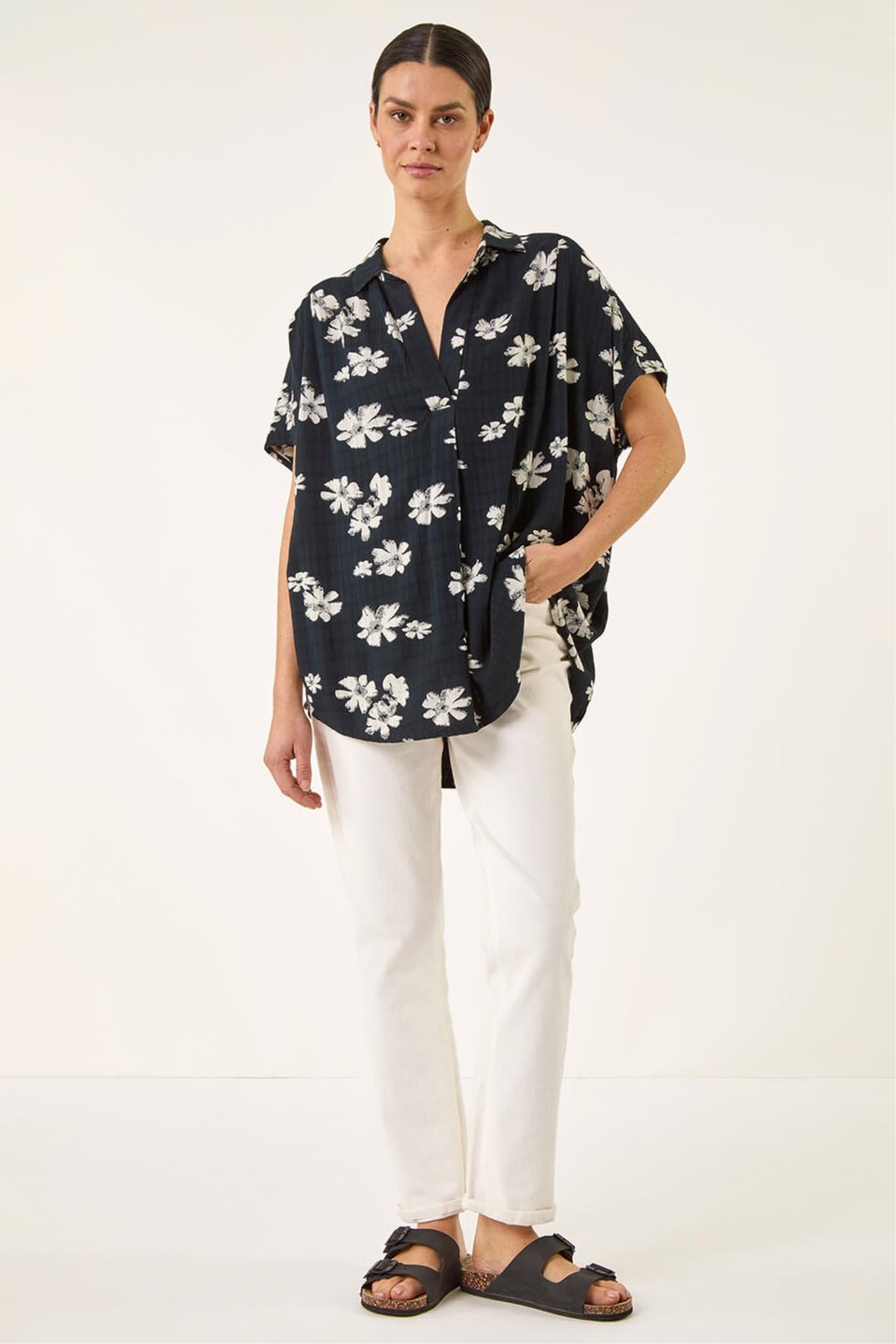 Roman Black Floral Print Pleat Tunic Top