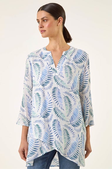 Roman Blue Leaf Print Wrap Hem Tunic Top