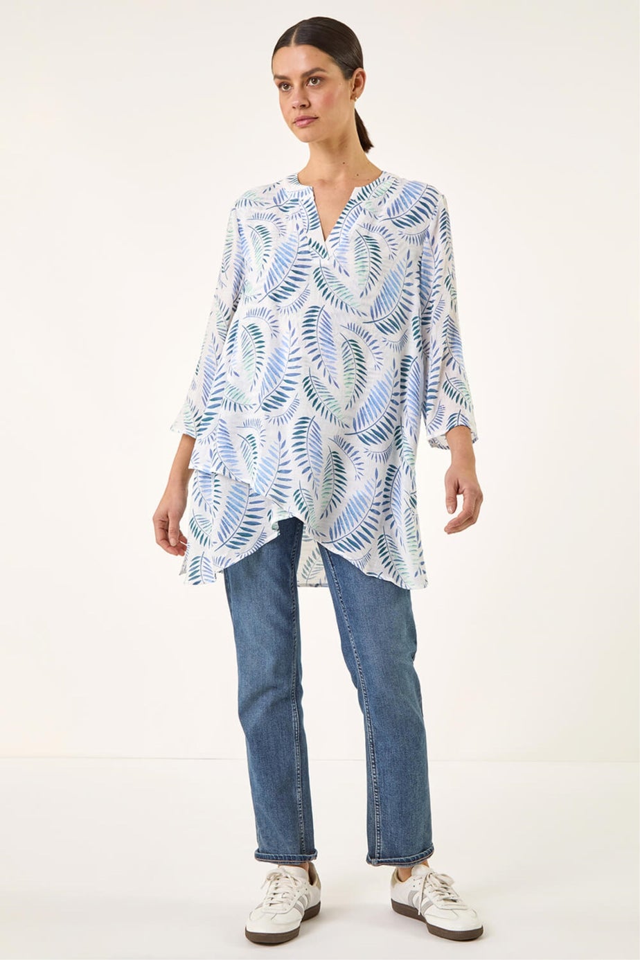 Roman Blue Leaf Print Wrap Hem Tunic Top