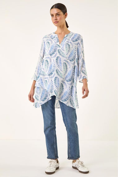 Roman Blue Leaf Print Wrap Hem Tunic Top