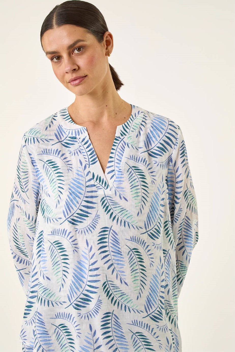 Roman Blue Leaf Print Wrap Hem Tunic Top