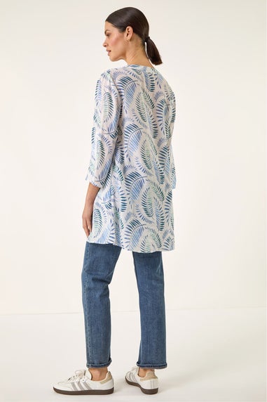 Roman Blue Leaf Print Wrap Hem Tunic Top