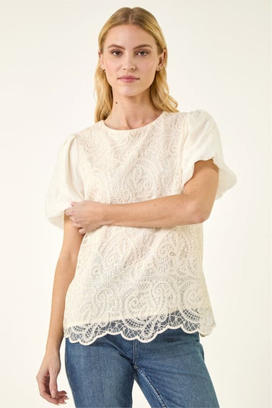Roman Cream Panelled Lace Puff Sleeve Top