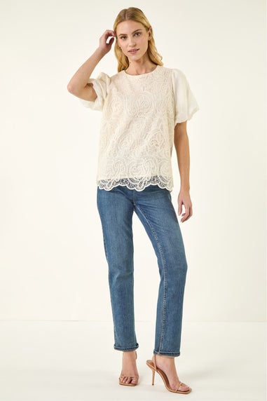 Roman Cream Panelled Lace Puff Sleeve Top