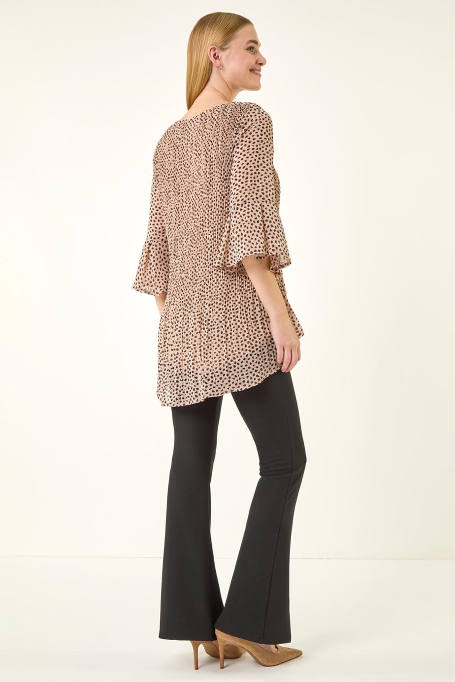 Roman Beige Spot Print Pleated Tunic Top