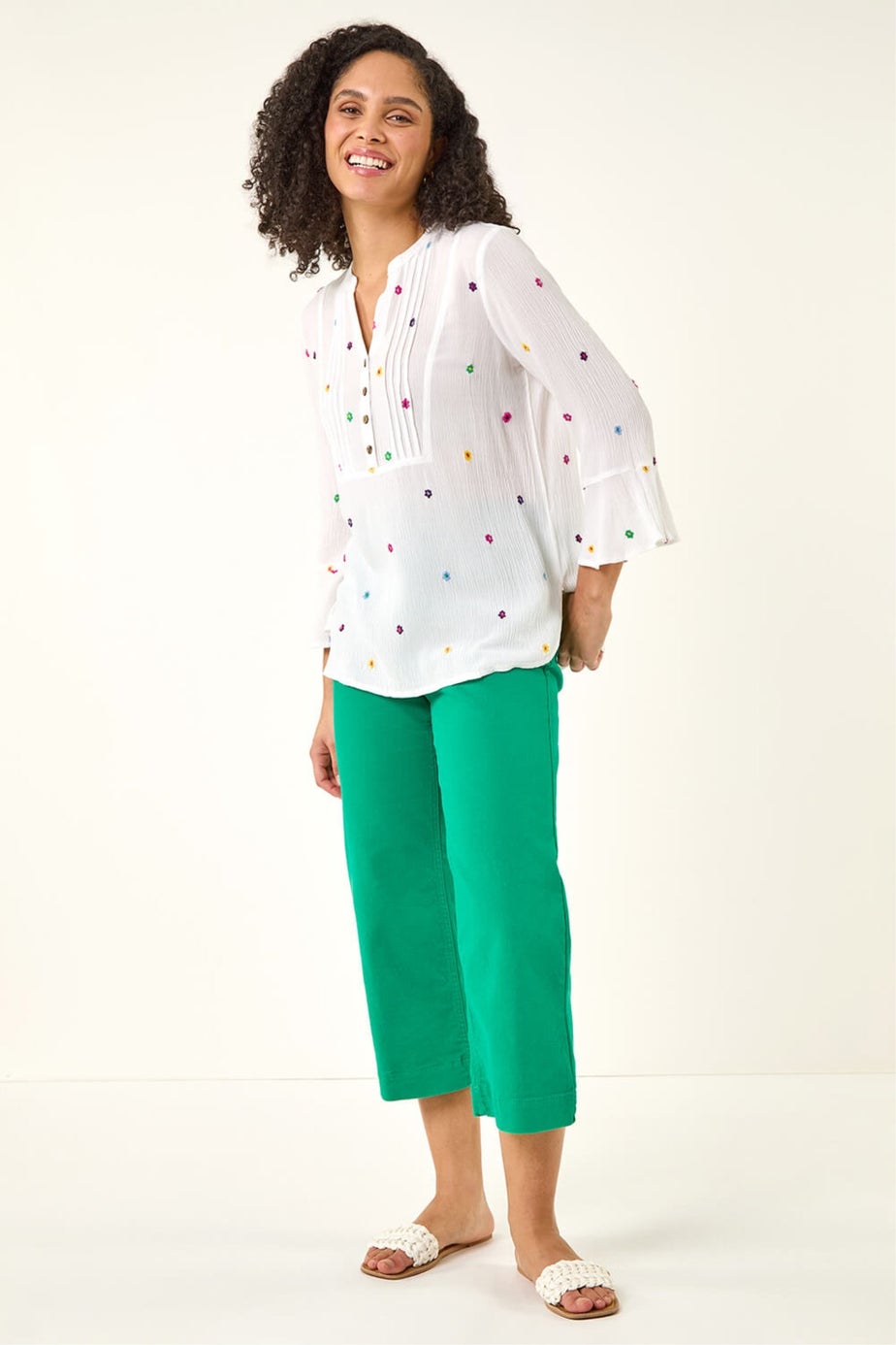 Roman Ivory Floral Embroidered Buttoned Top