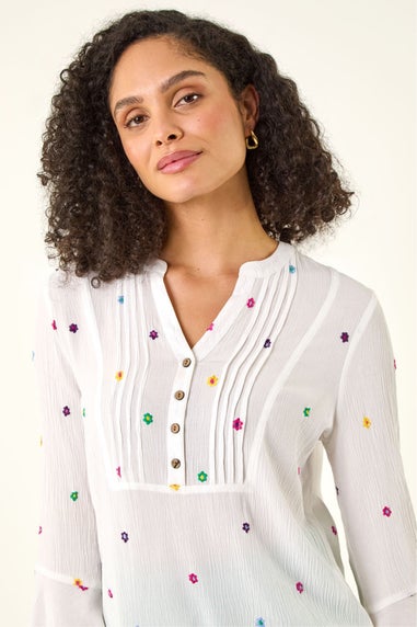 Roman Ivory Floral Embroidered Buttoned Top