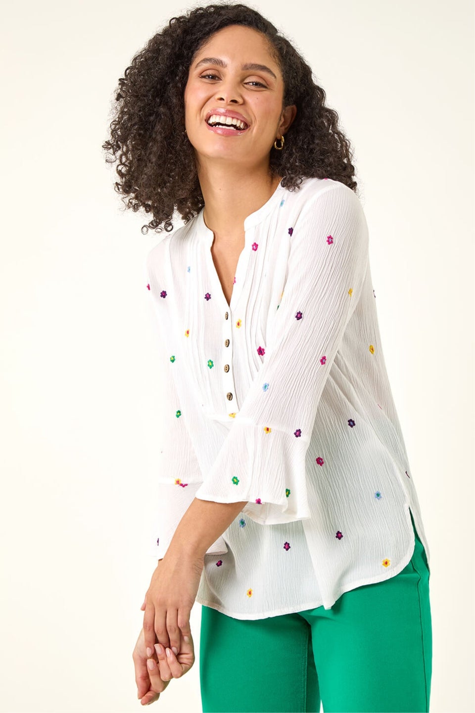 Roman Ivory Floral Embroidered Buttoned Top