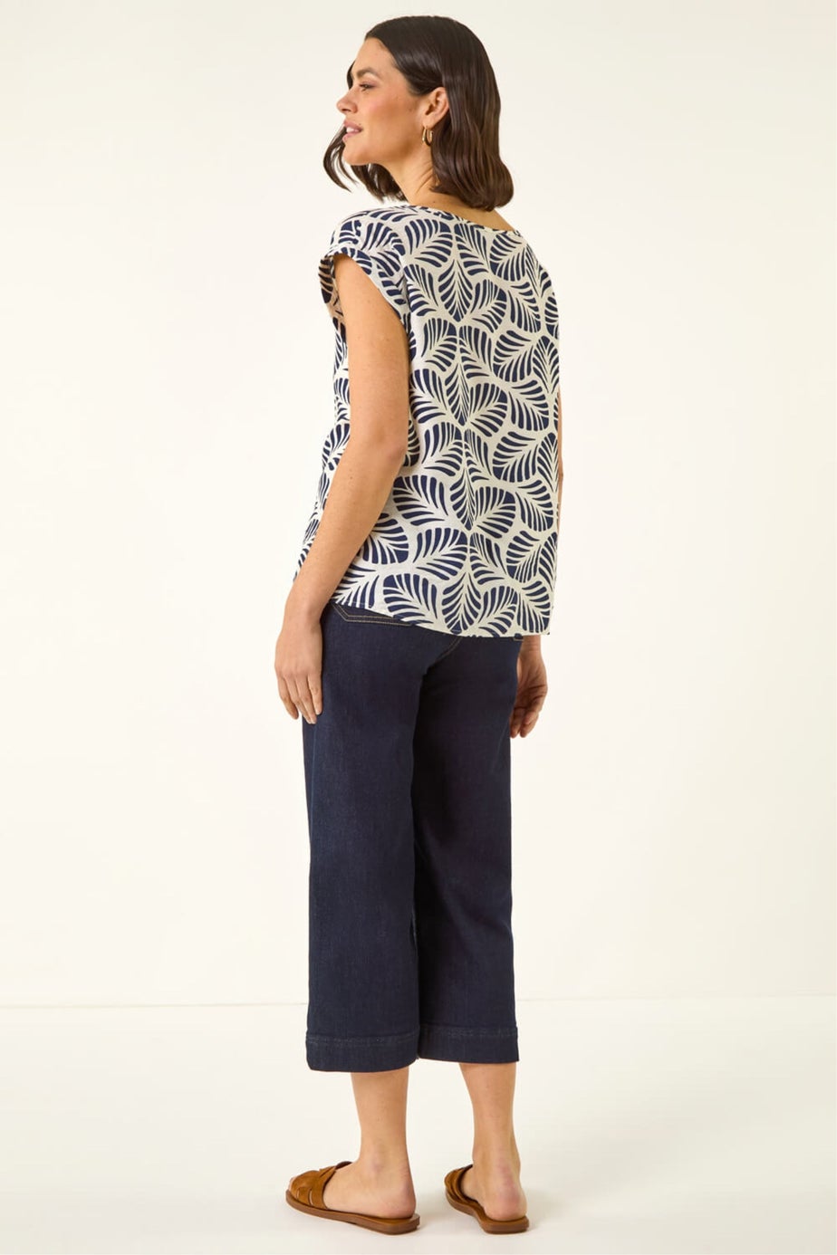 Roman Navy Leaf Print Shell Tunic Top