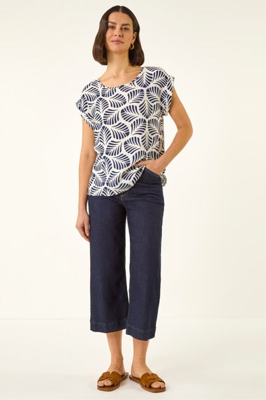 Roman Navy Leaf Print Shell Tunic Top