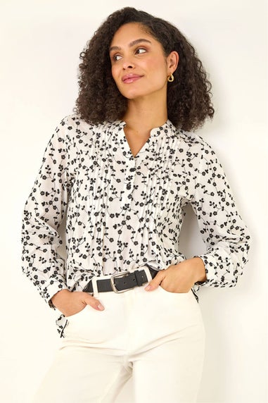 Roman Ivory Floral Embroidered Pintuck Top