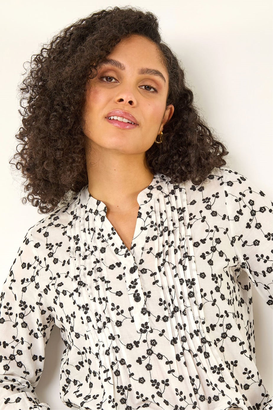 Roman Ivory Floral Embroidered Pintuck Top