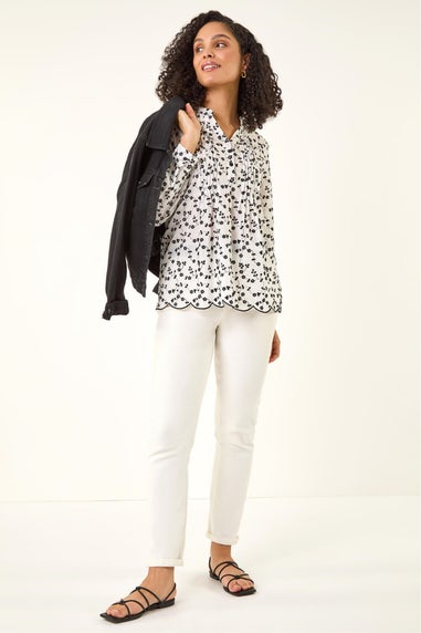 Roman Ivory Floral Embroidered Pintuck Top