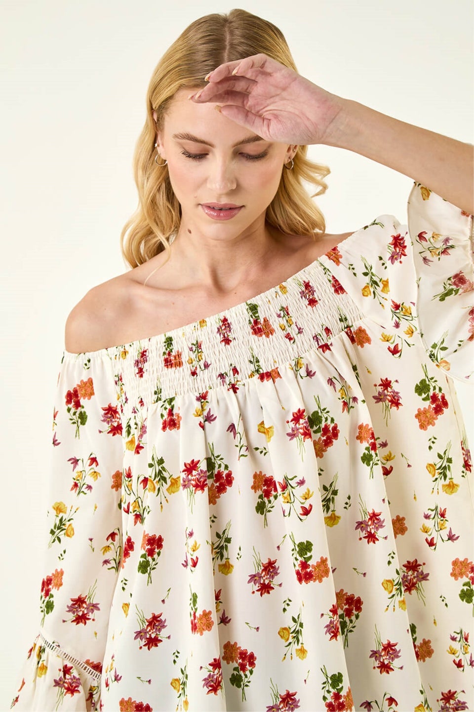 Roman Red Floral Print Bardot Top