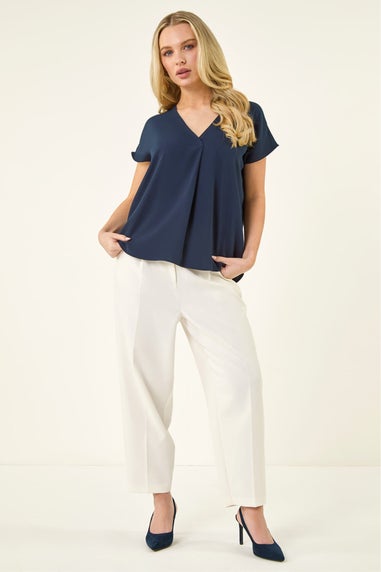 Roman Navy Petite V-Neck Tuck Front Top
