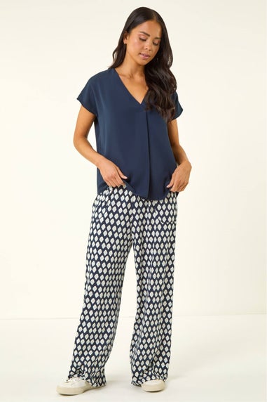 Roman Navy Petite V-Neck Tuck Front Top