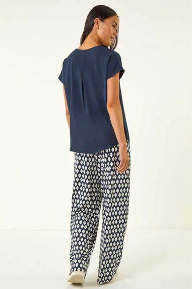 Roman Navy Petite V-Neck Tuck Front Top