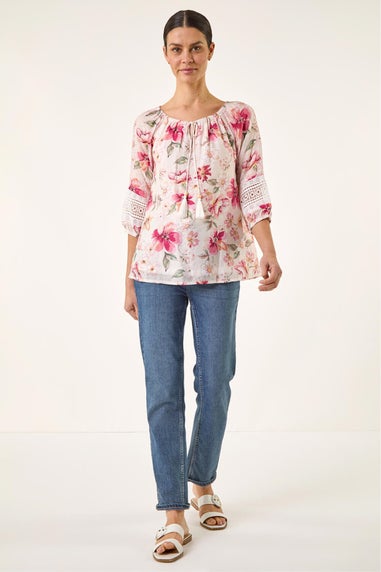 Roman Pink Floral Tie Front Top