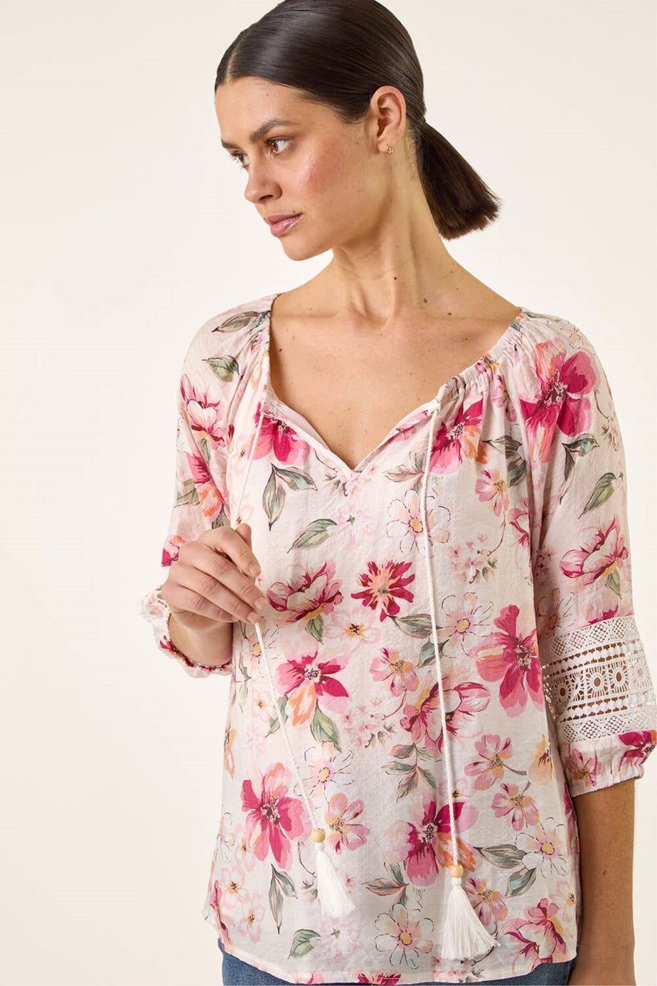 Roman Pink Floral Tie Front Top