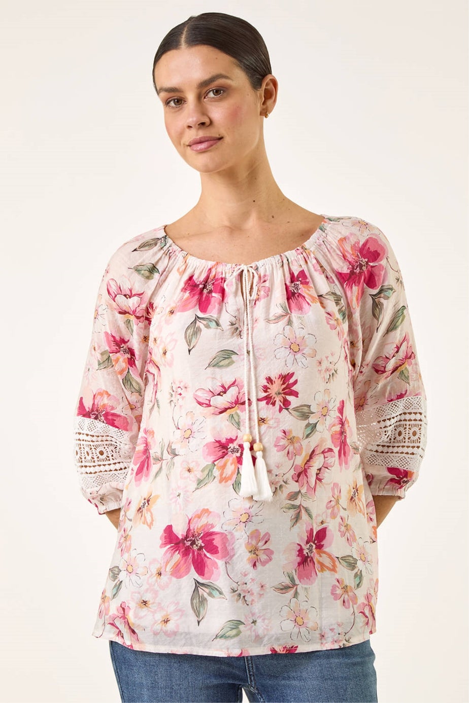 Roman Pink Floral Tie Front Top