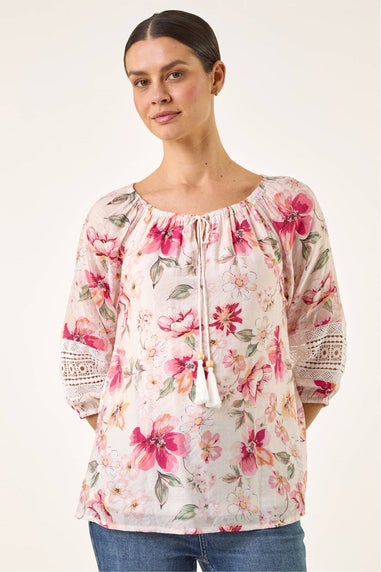 Roman Pink Floral Tie Front Top