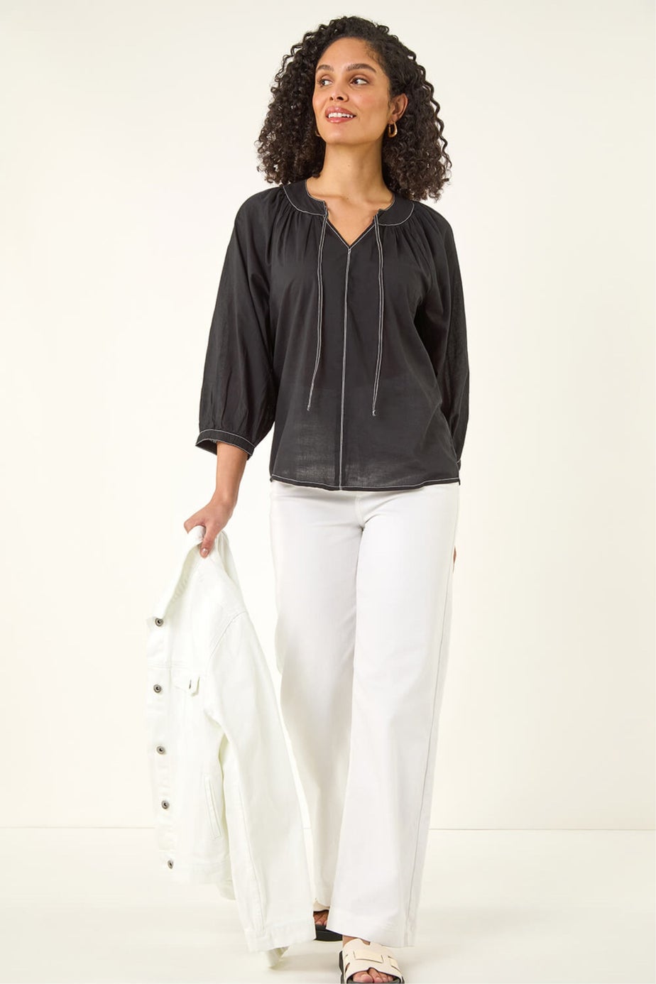 Roman Black Stitch Detail Tie Front Top