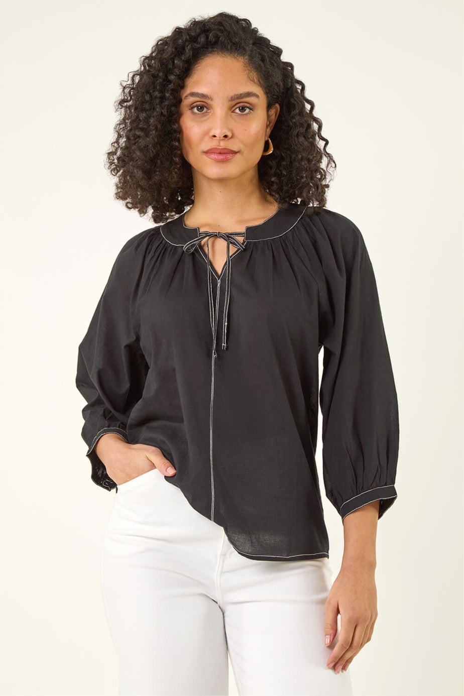 Roman Black Stitch Detail Tie Front Top