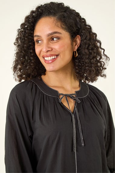 Roman Black Stitch Detail Tie Front Top