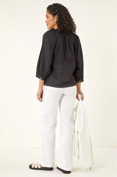 Roman Black Stitch Detail Tie Front Top